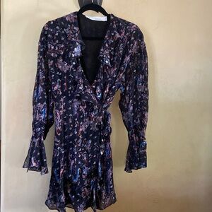 NWOT Sz 8 US EU 38 IRO Paris Black Printed Long Sleeved Wrap Dress Lined